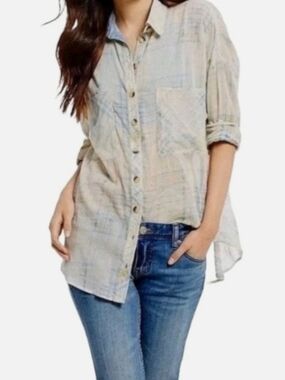 Free People Shore Vibes Ivory Plaid Print Oversized Button-Down Shirt
